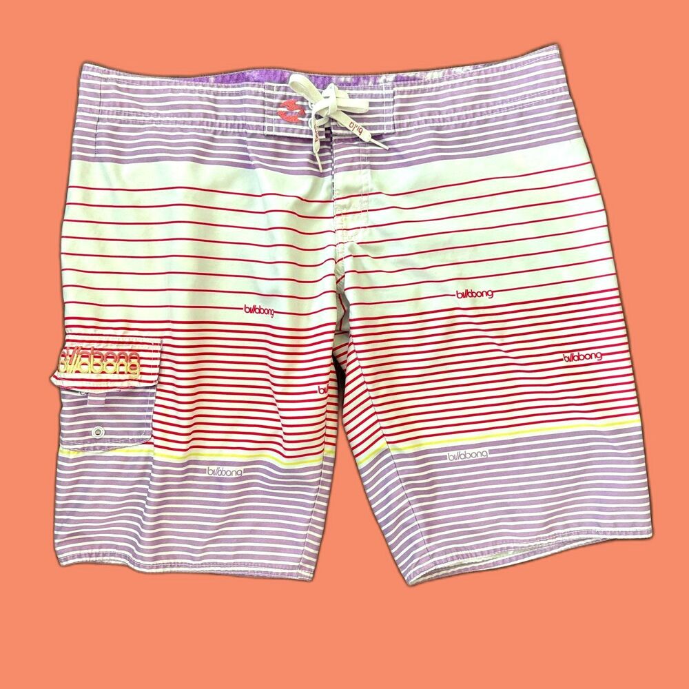 Y2K Billabong Board Shorts Sz 11 Stripes Lined Pocket Surfer Surf Aesthetic